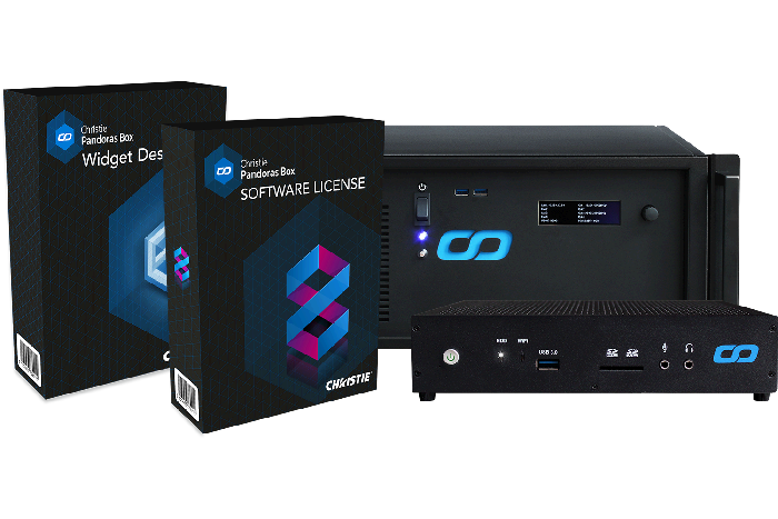 An image of Christie Pandoras Box media server and show control products grouped together in an array.